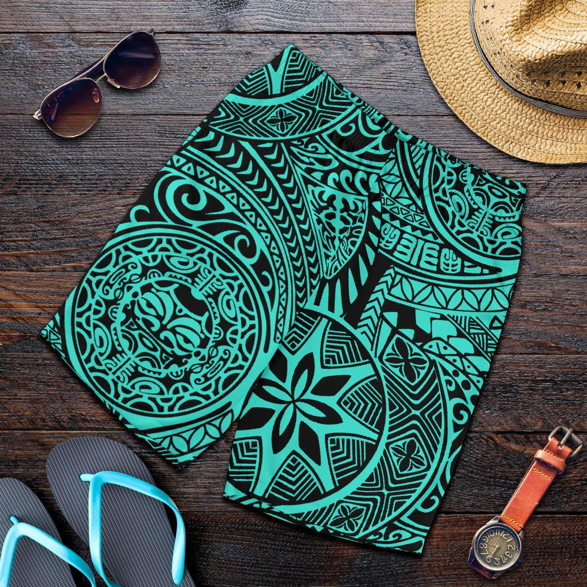 Polynesian Hawaiian Style Tribal Tattoo Turquoise Men's Short - Polynesian Pride