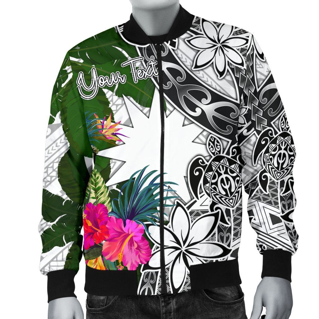 Nauru Custom Personalised Men's Bomber Jacket White - Turtle Plumeria Banana Leaf - Polynesian Pride