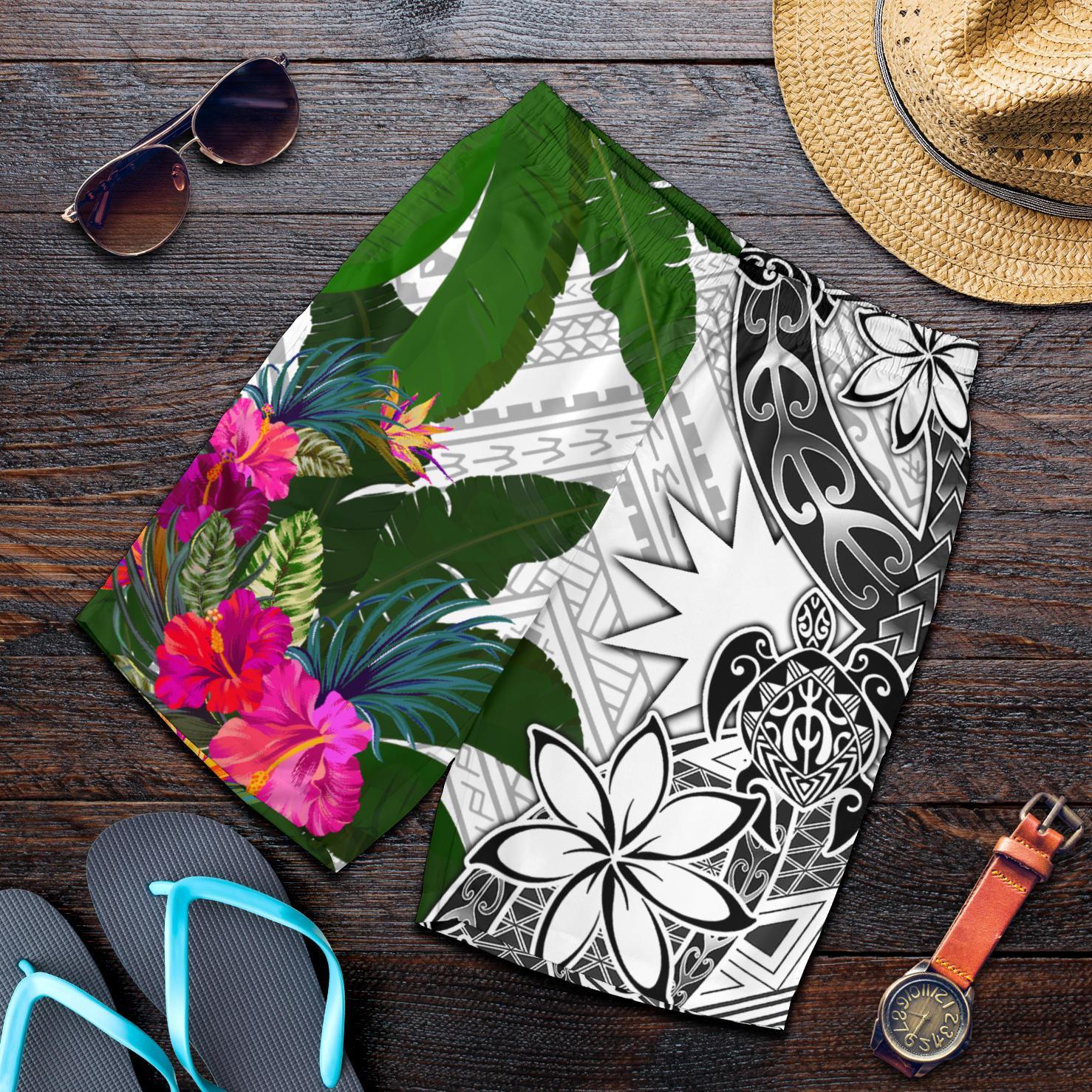 Nauru Men's Short White - Turtle Plumeria Banana Leaf - Polynesian Pride