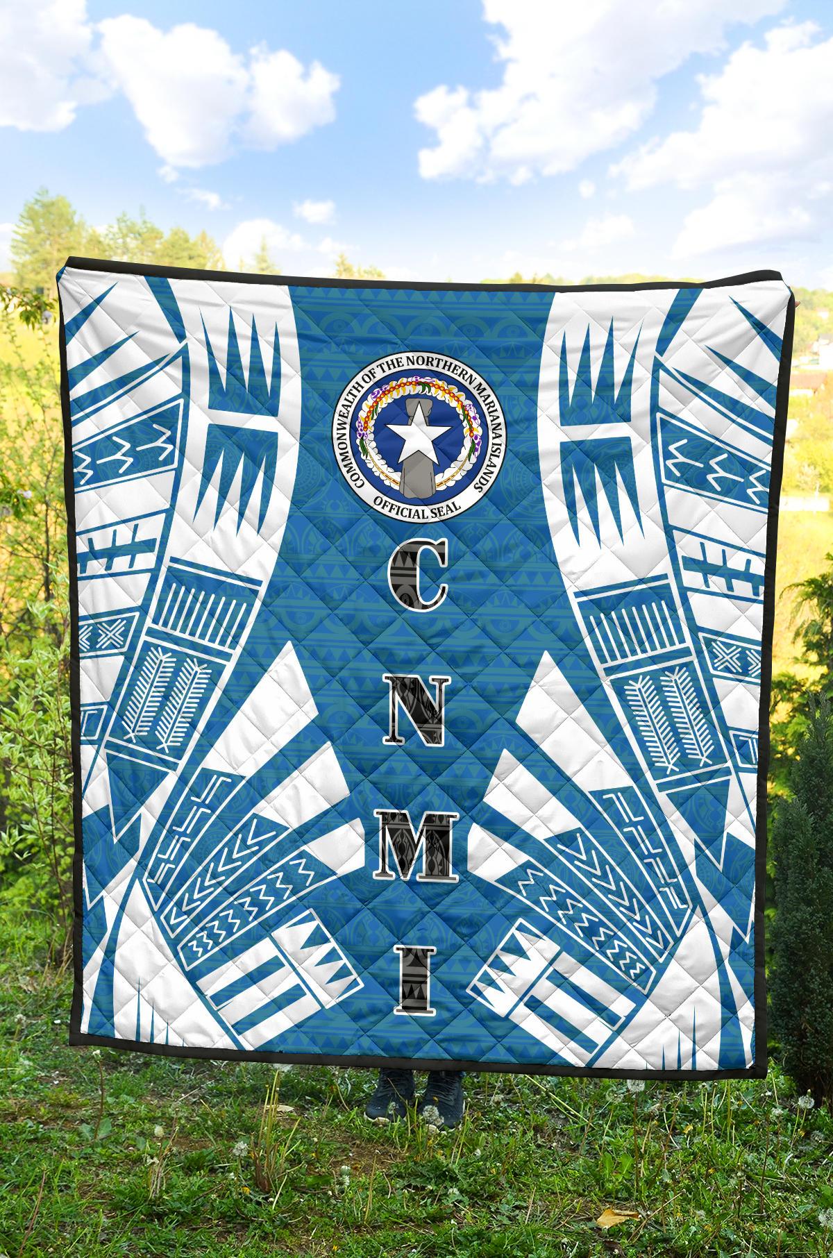 Northern Mariana Islands Premium Quilt - Northern Mariana Islands Seal Polynesian White Tattoo (Blue) - Polynesian Pride