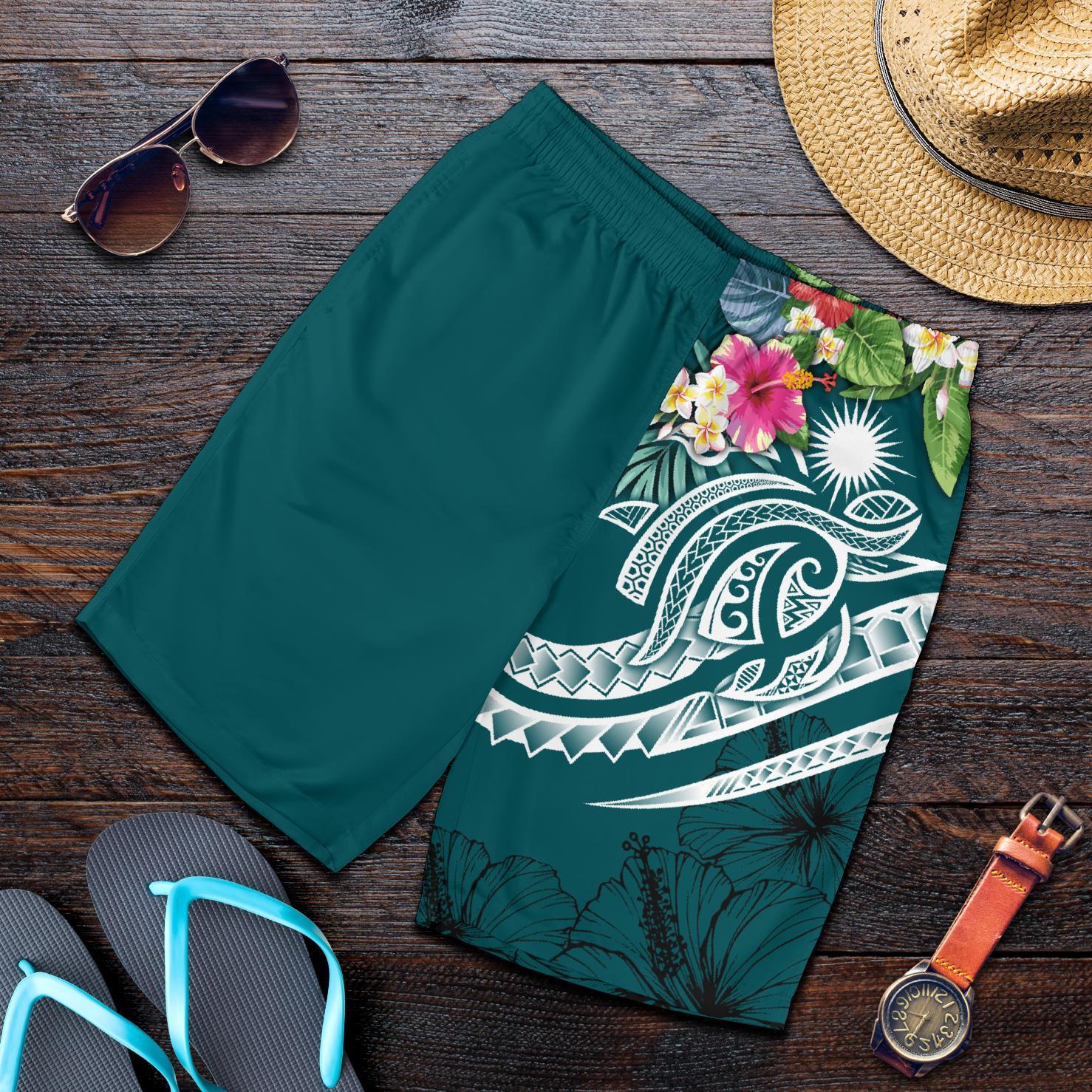 Marshall Islands Polynesian Men's Shorts - Summer Plumeria (Turquoise) Turquoise - Polynesian Pride