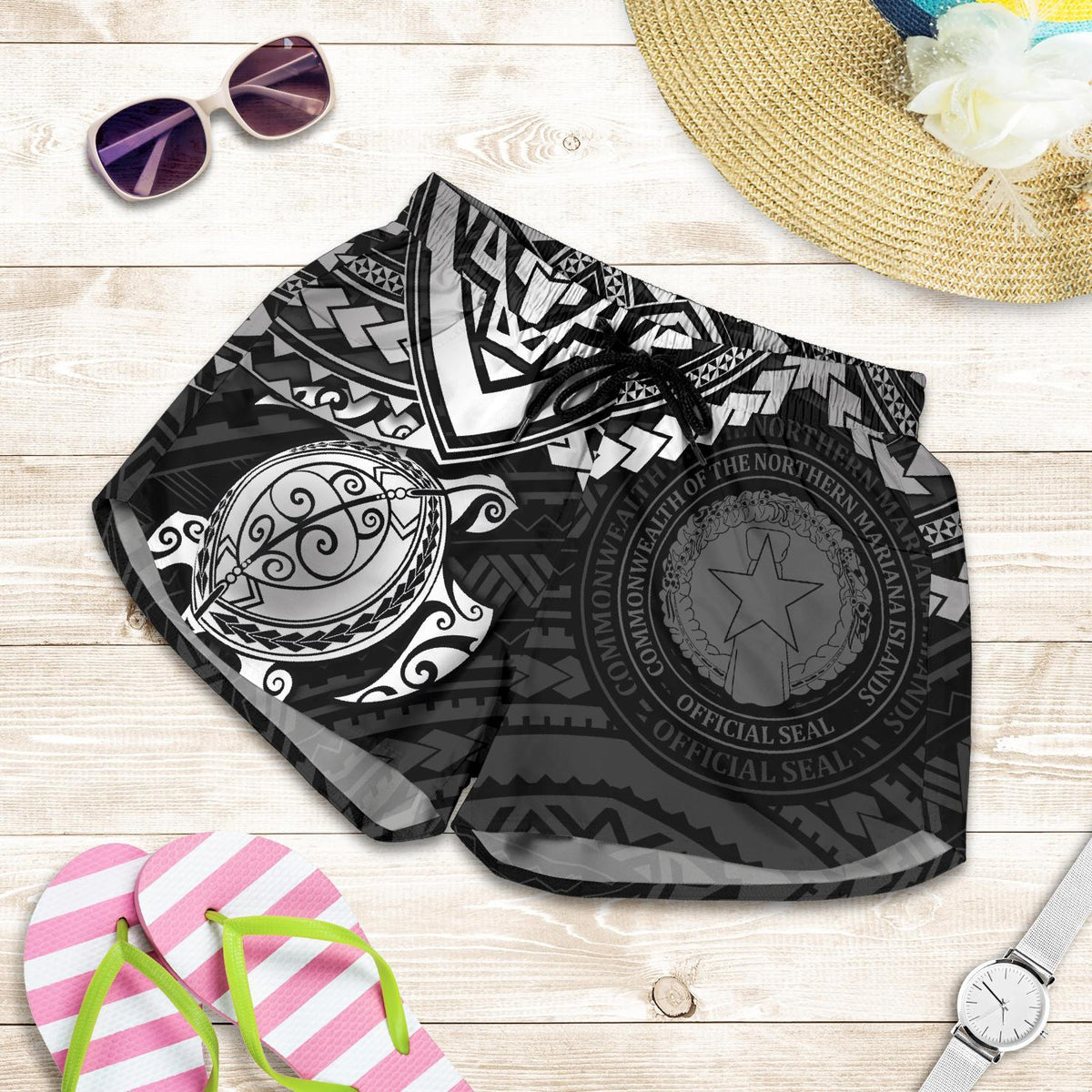 Northern Mariana Islands Polynesian Shorts (Women) - White Turtle - Polynesian Pride