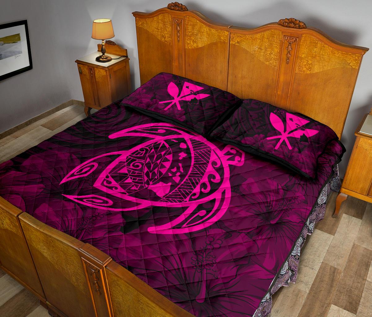 Hawaii Turtle Kanaka Map Hibiscus Poly Quilt Bed Set - Pink - Polynesian Pride