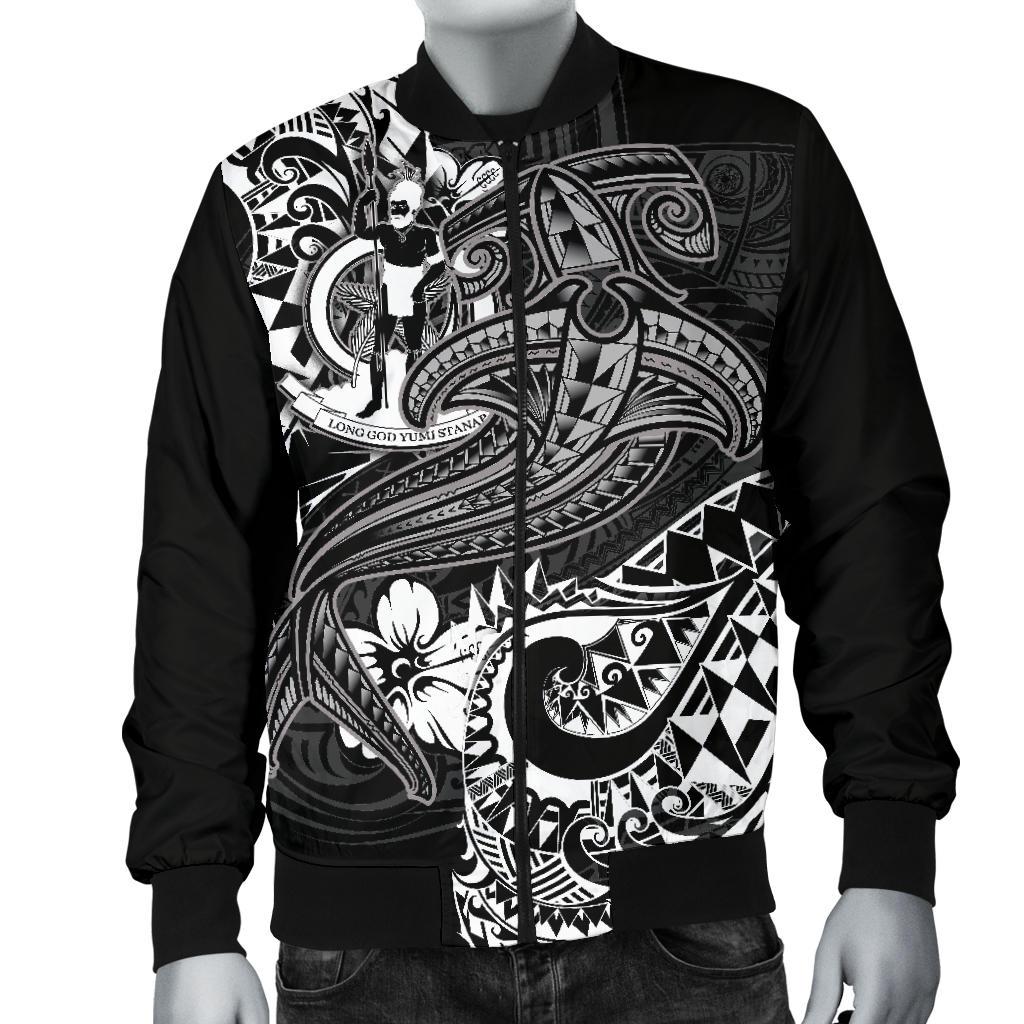 Vanuatu Polynesian Men's Bomber Jacket - White Shark Polynesian Tattoo - Polynesian Pride