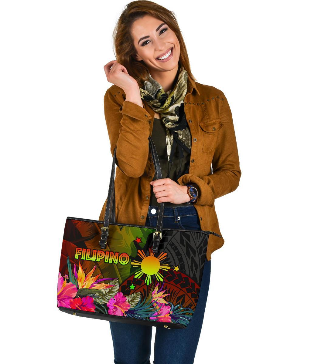 The Philippines Polynesian Large Leather Tote Bag - Hibiscus and Banana Leaves - Polynesian Pride