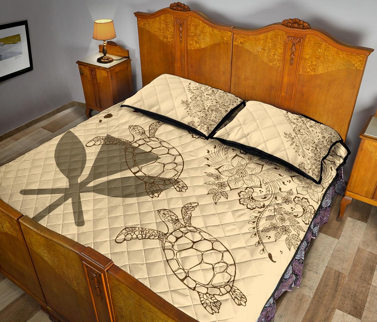 Hawaii Turtle Kanaka Map Beige - Quilt Bed Set AH - Polynesian Pride