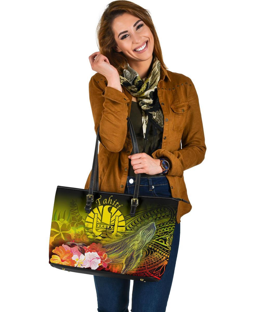 Tahiti Leather Tote Bag - Humpback Whale with Tropical Flowers (Yellow) - Polynesian Pride