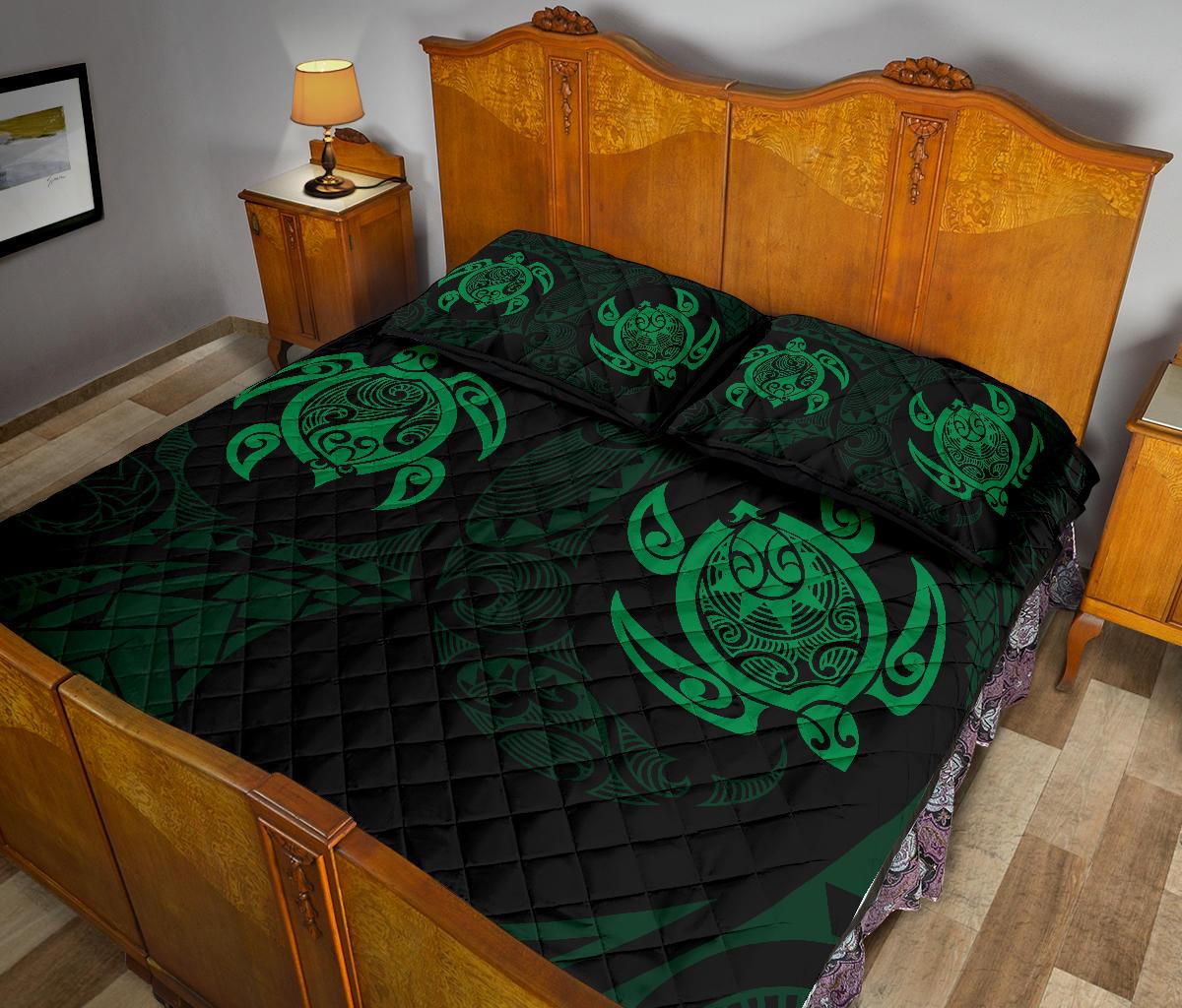 Hawaii Polynesian Turtle Quilt Bed Set Bed Set Green - Polynesian Pride