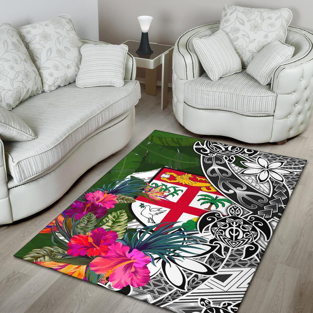 Fiji Area Rug White - Turtle Plumeria Banana Leaf - Polynesian Pride