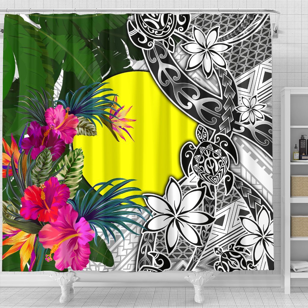 Palau Shower Curtain White - Turtle Plumeria Banana Leaf - Polynesian Pride