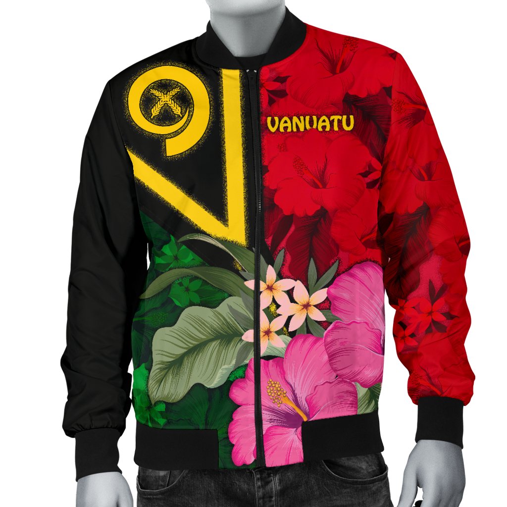 Vanuatu Men's Bomber Jacket - Vanuatu Flag with Hibiscus - Polynesian Pride