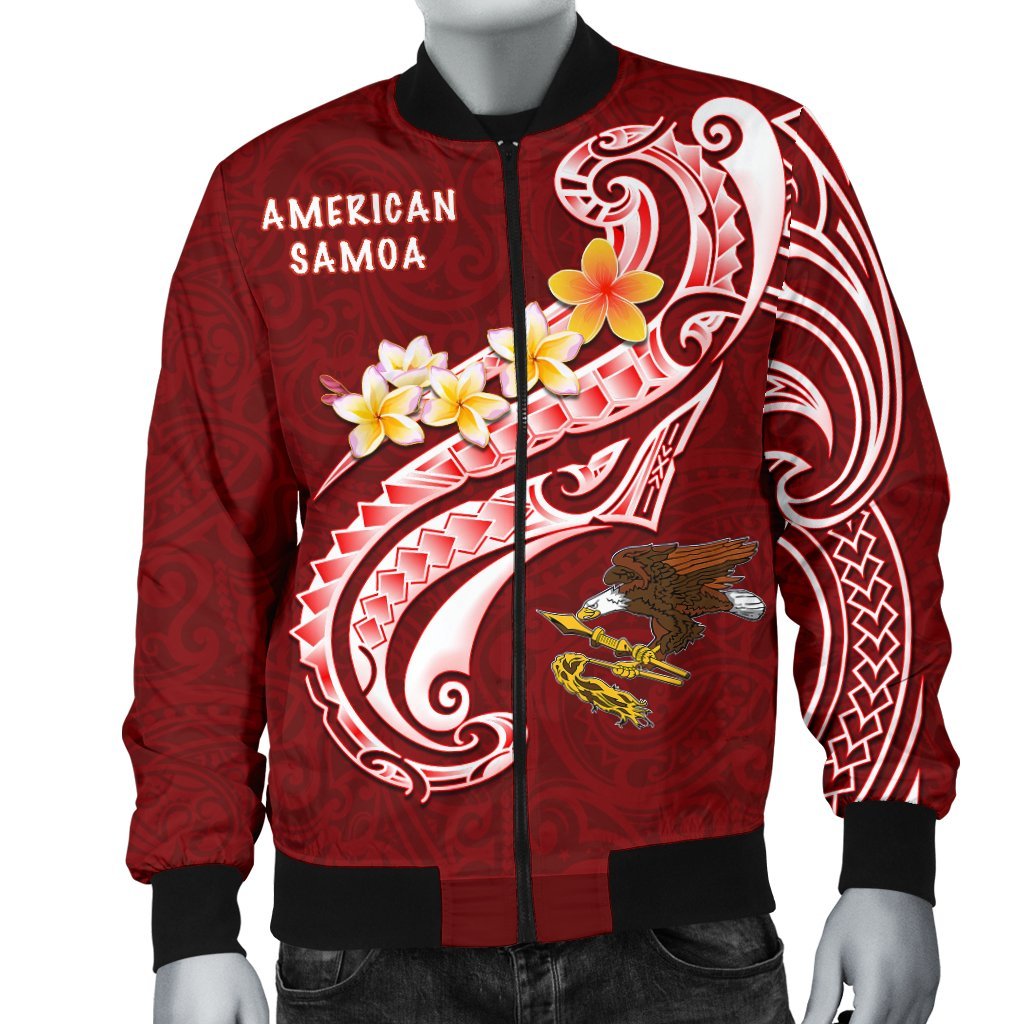 American Samoa Men's Bomber Jacket - AS Seal Polynesian Patterns Plumeria - Polynesian Pride