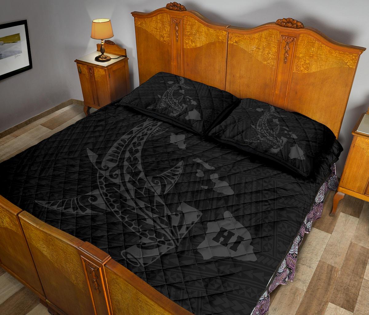 Hawaiian Map Hamerhead Shark Polynesian Quilt Bedding Set Gray - Polynesian Pride