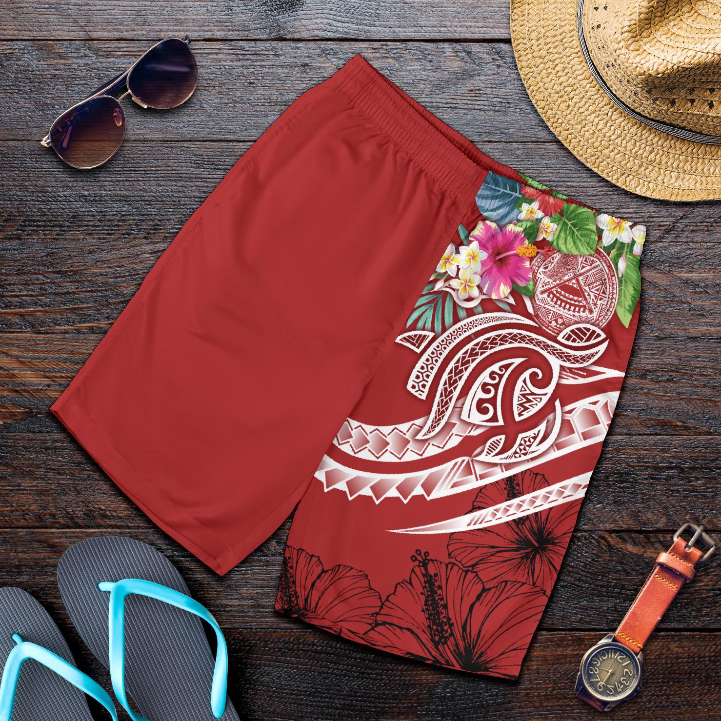 Polynesian American Samoa Men's Shorts - Summer Plumeria (Red) Red - Polynesian Pride