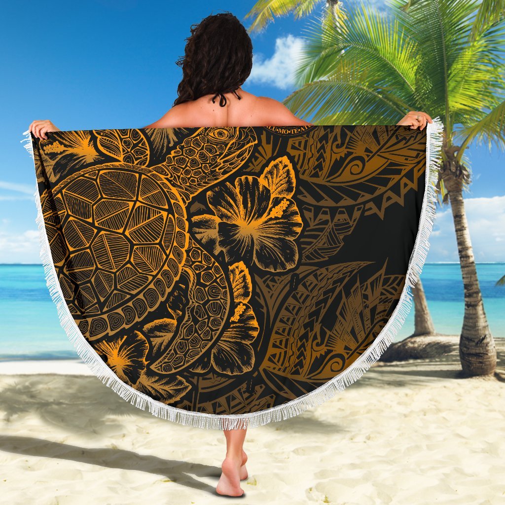 Tuvalu Polynesia Beach Blanket Turtle Hibiscus Gold - Polynesian Pride