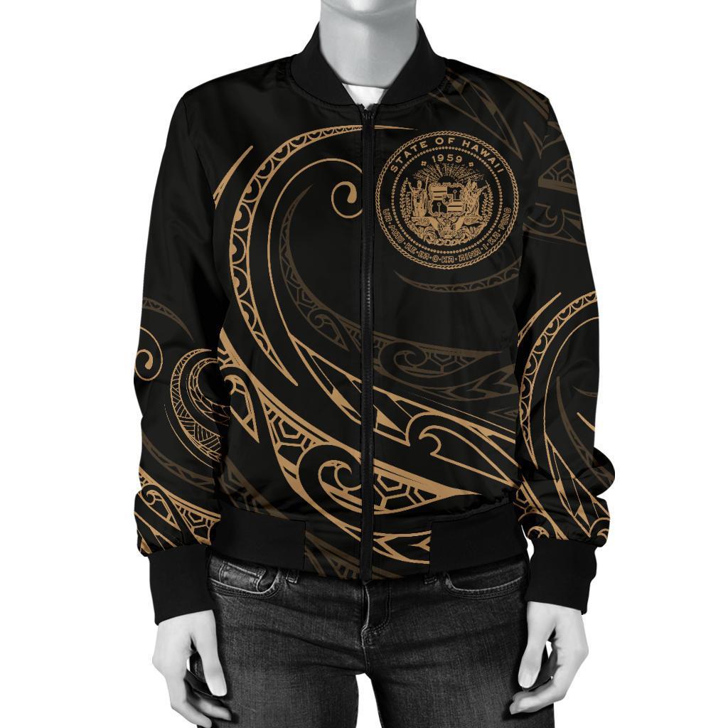 Hawaii Coat Of Arms Polynesian Women's Bomber Jacket - Gold - Frida Style - Polynesian Pride