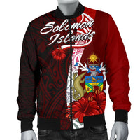 Solomon Islands Polynesian Men's Bomber Jacket - Coat Of Arm With Hibiscus - Polynesian Pride