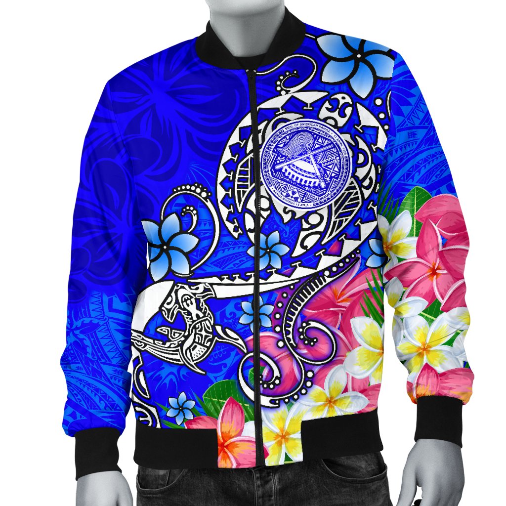 American Samoa Polynesian Men's Bomber Jacket - Turtle Plumeria (Blue) - Polynesian Pride