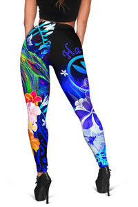 Polynesian Hawaii Women's Leggings - Kanaka Maoli Humpback Whale with Tropical Flowers (Blue) - Polynesian Pride