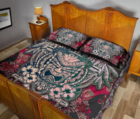 Hawaii Polynesian Quilt Bed Set - Hawaiian Gray Tiki Face Dark Red Version - Polynesian Pride