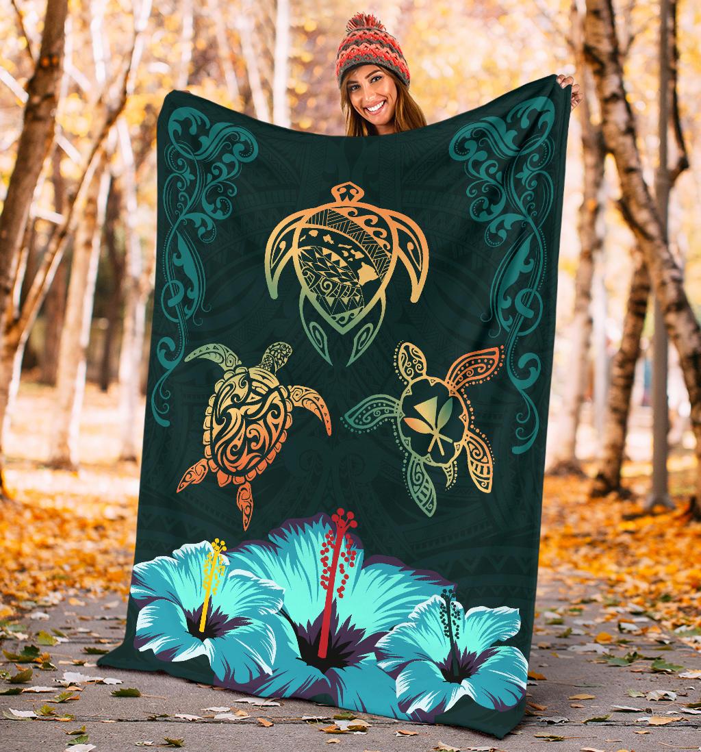Hawaii Map Turtle Hibiscus Polynesian Luxury Premium Blanket - Honu Ohana - Polynesian Pride