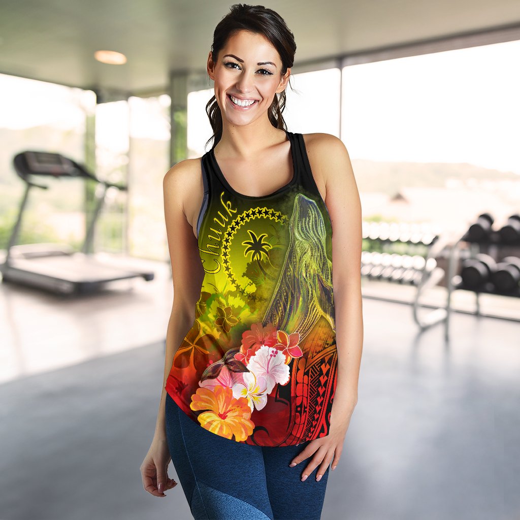 Chuuk Women's Racerback Tank - Humpback Whale with Tropical Flowers (Yellow) - Polynesian Pride