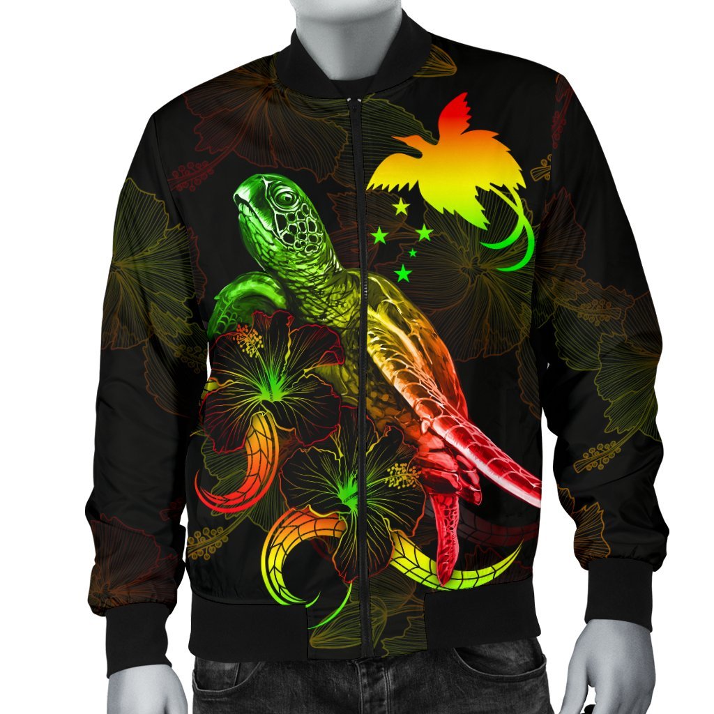 Papua New Guinea Polynesian Men's Bomber Jacket - Turtle With Blooming Hibiscus Reggae - Polynesian Pride