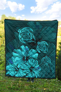 Hawaiian Map Hibiscus Turtle Vintage Polynesian Premium Quilt Turquoise - Polynesian Pride
