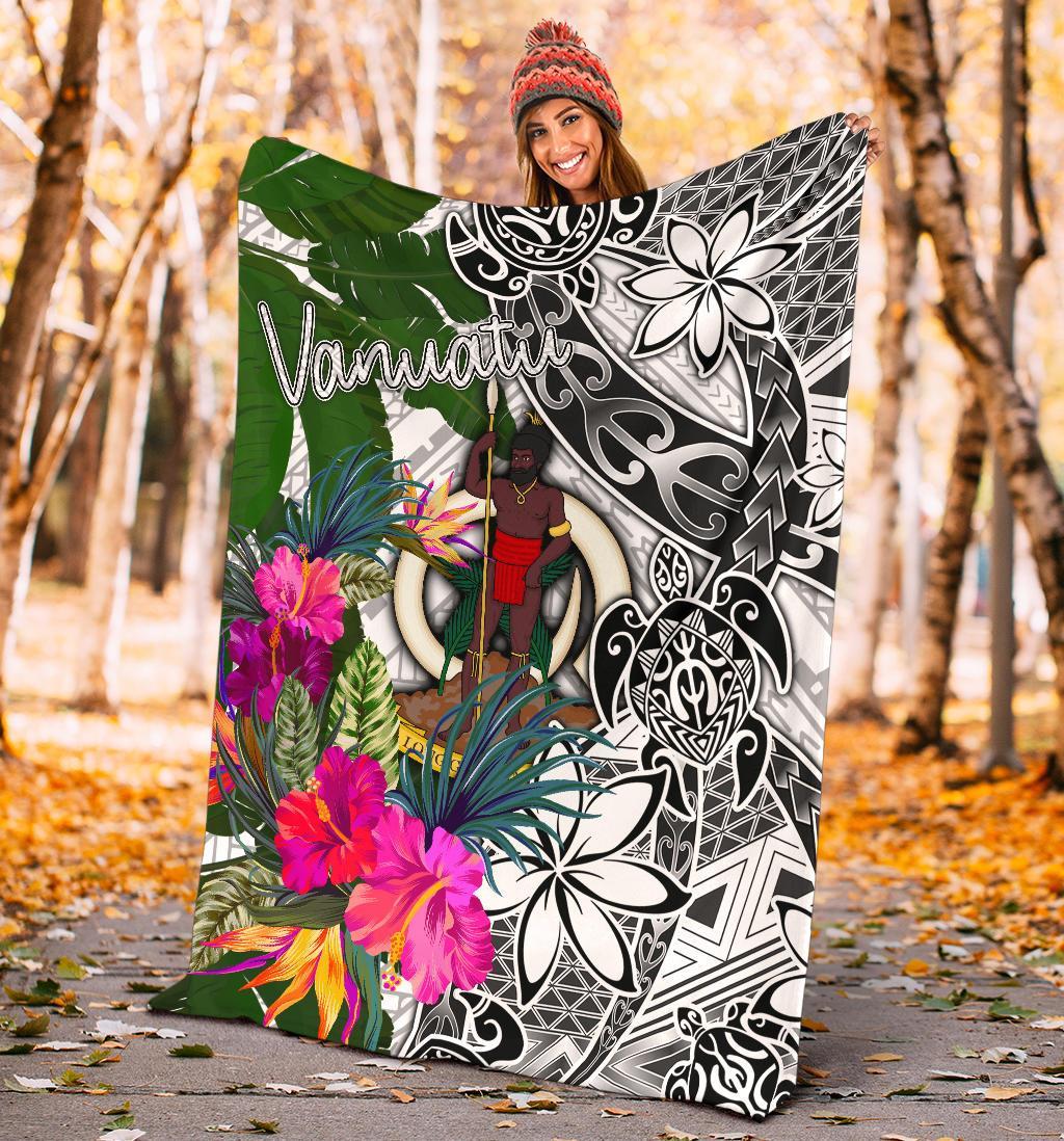 Vanuatu Premium Blanket White - Turtle Plumeria Banana Leaf - Polynesian Pride