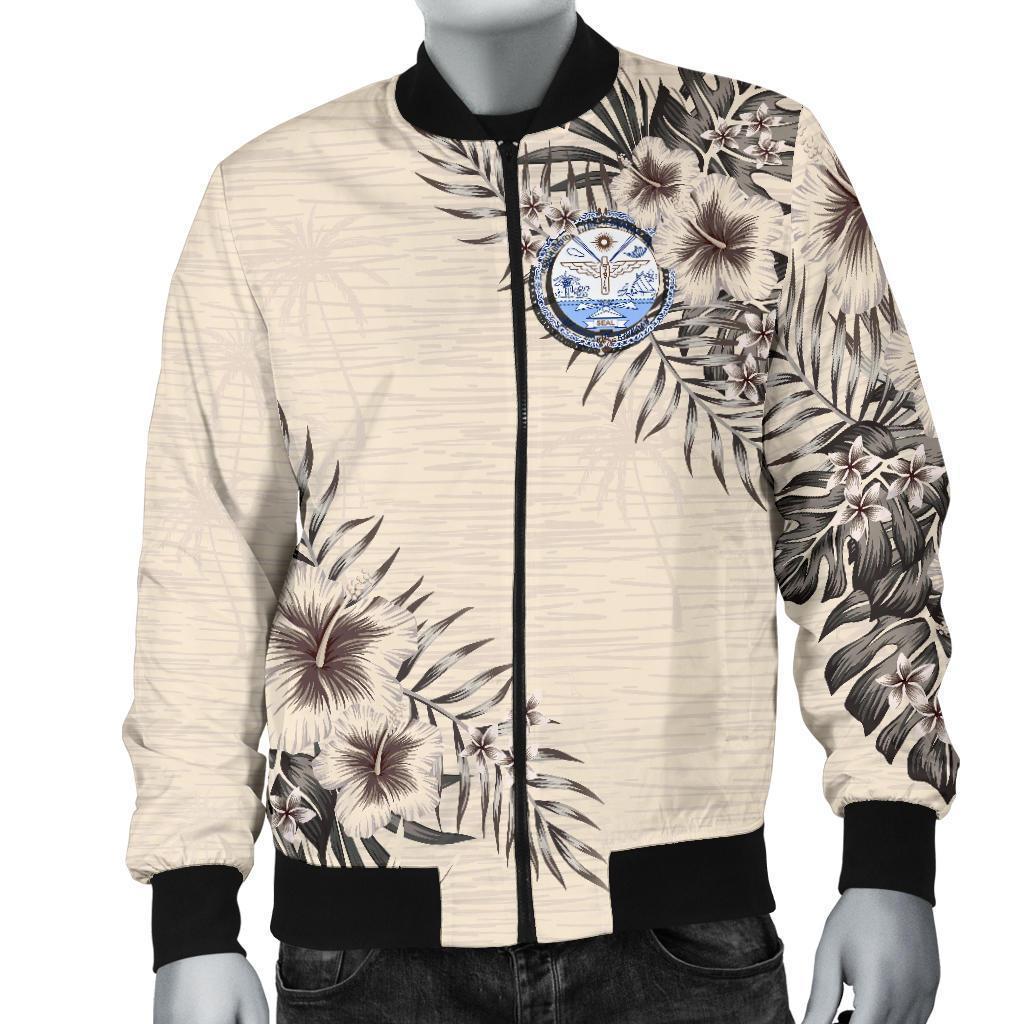 Marshall Islands Men's Bomber Jacket - The Beige Hibiscus Black - Polynesian Pride