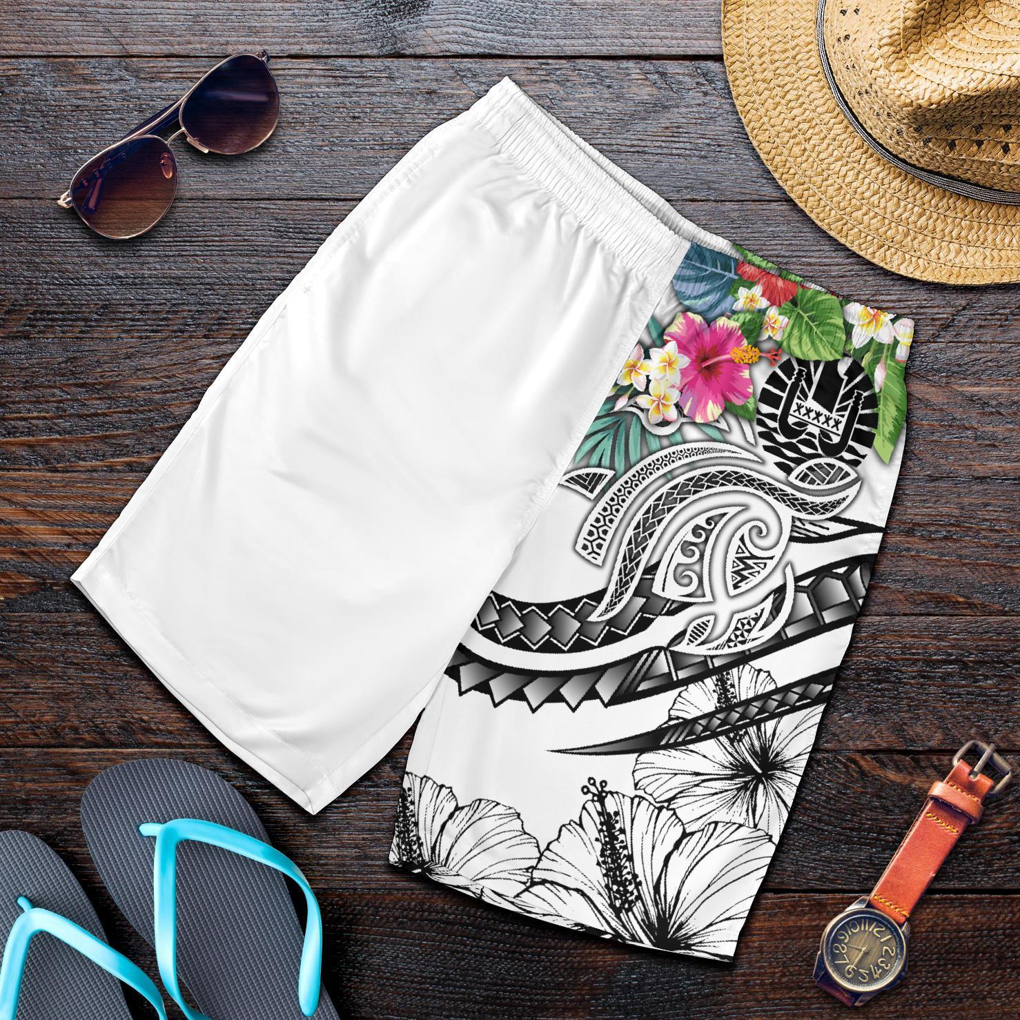 Tahiti Polynesian Men's Shorts - Summer Plumeria (White) White - Polynesian Pride