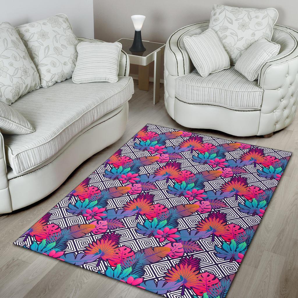 Tropical Exotic Leaves And Flowers On Geometrical Ornament. Rug - Polynesian Pride
