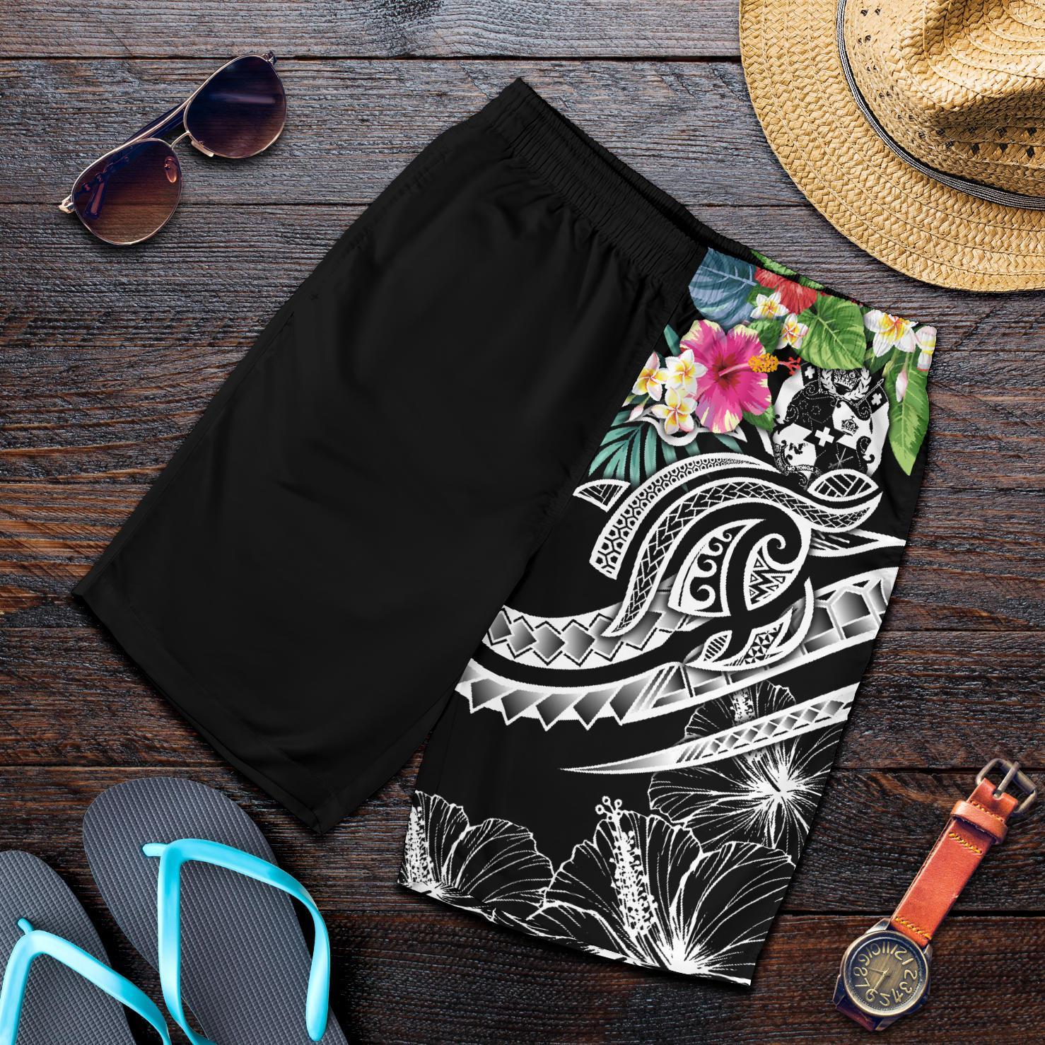 Tonga Polynesian Men's Shorts - Summer Plumeria (Black) Black - Polynesian Pride