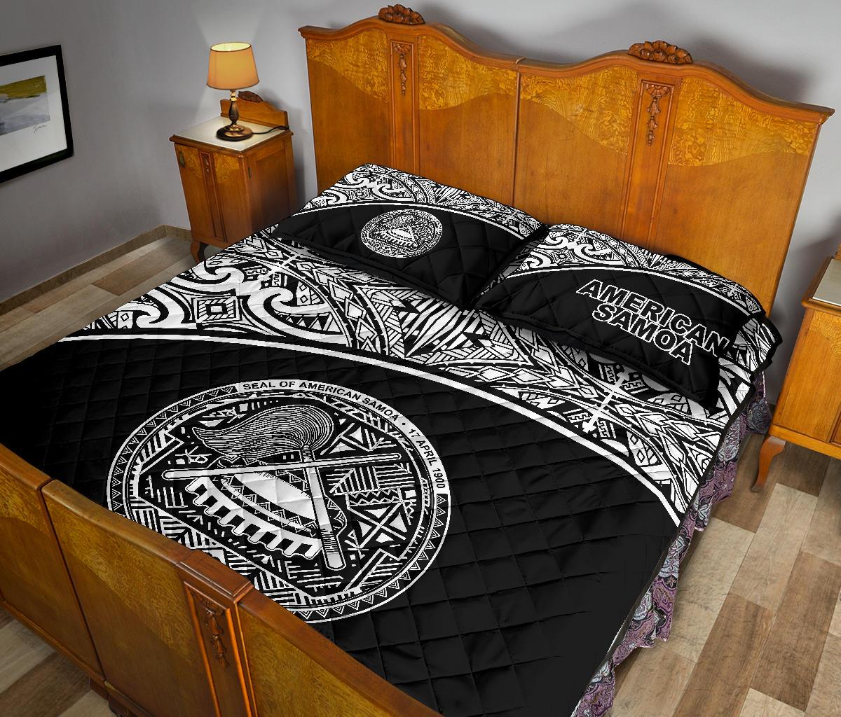 American Samoa Quilt Bed Set - American Samoa Seal Polynesian White Curve - Polynesian Pride