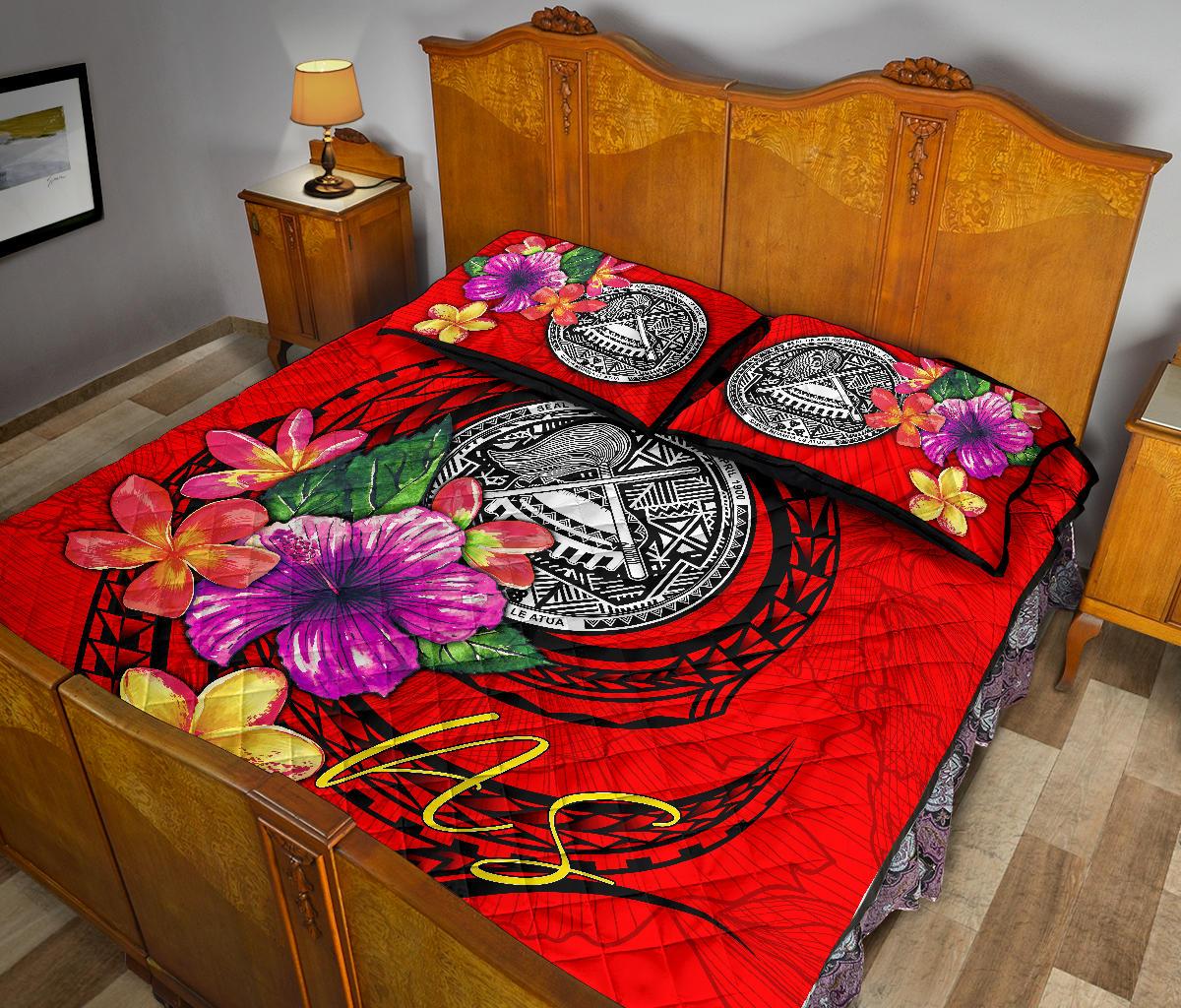 American Samoa Polynesian Quilt Bed Set - Floral With Seal Red - Polynesian Pride