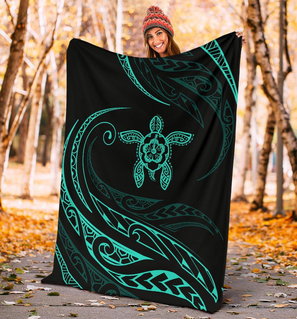 Hawaii Turtle Hibicus Premium Blanket - Frida Style - Turquoise - Polynesian Pride