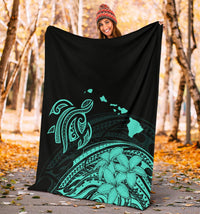 Hawaii Map Plumeria Polynesian Turquoise Premium Blanket - Polynesian Pride