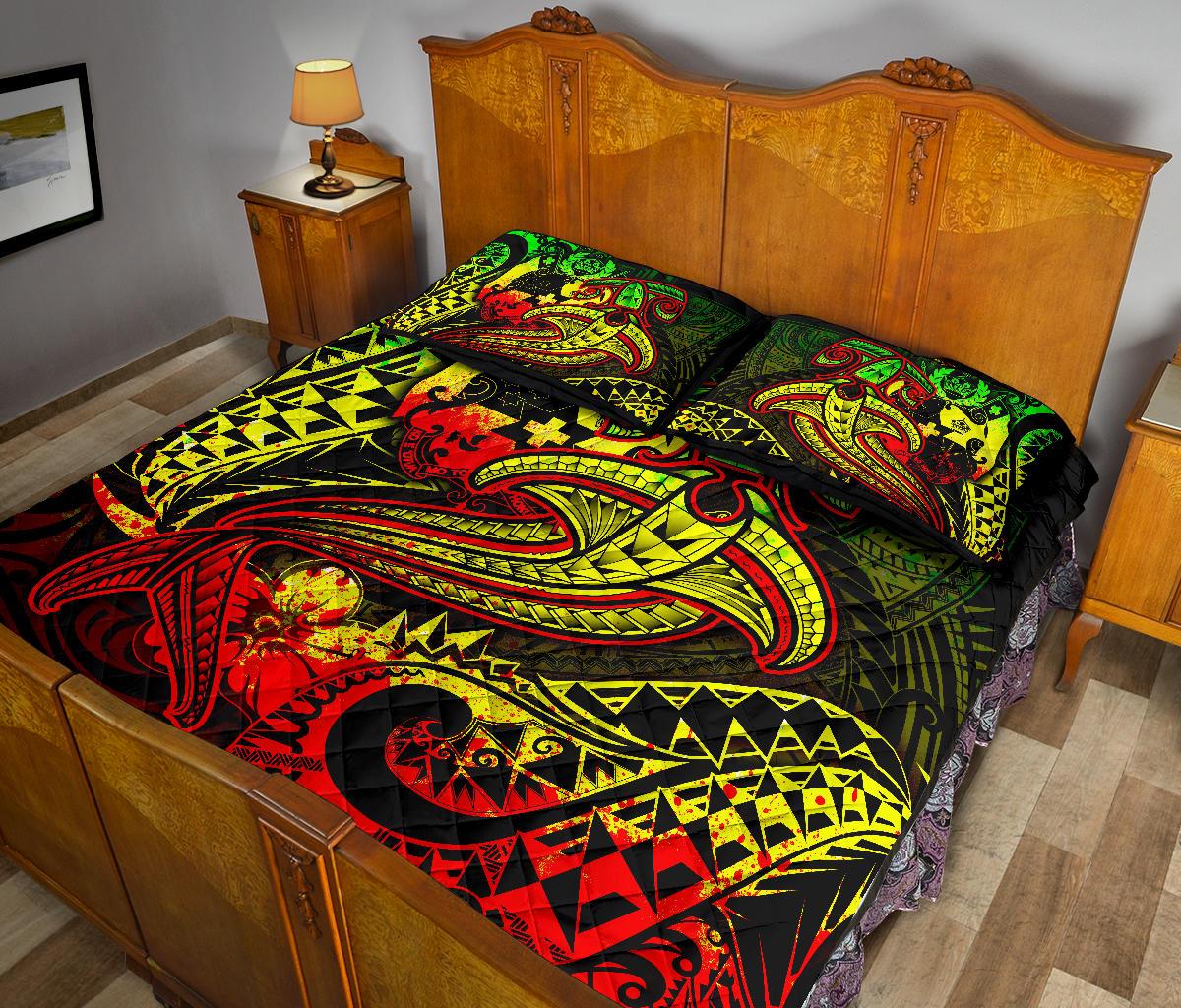 Tonga Quilt Bed Set - Reggae Shark Polynesian Tattoo - Polynesian Pride