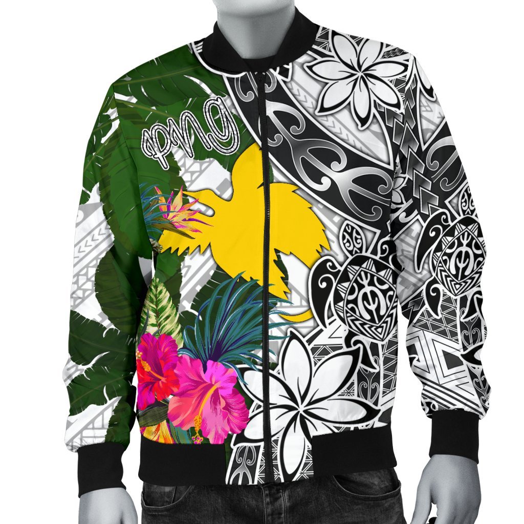 Papua New Guinea Men's Bomber Jacket White - Turtle Plumeria Banana Leaf - Polynesian Pride
