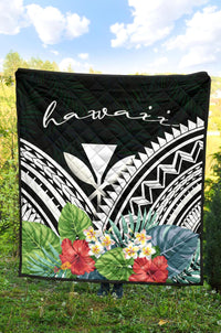 Hawaii Premium Quilt - Hawaii Coat of Arms & Polynesian Tropical Flowers White - Polynesian Pride