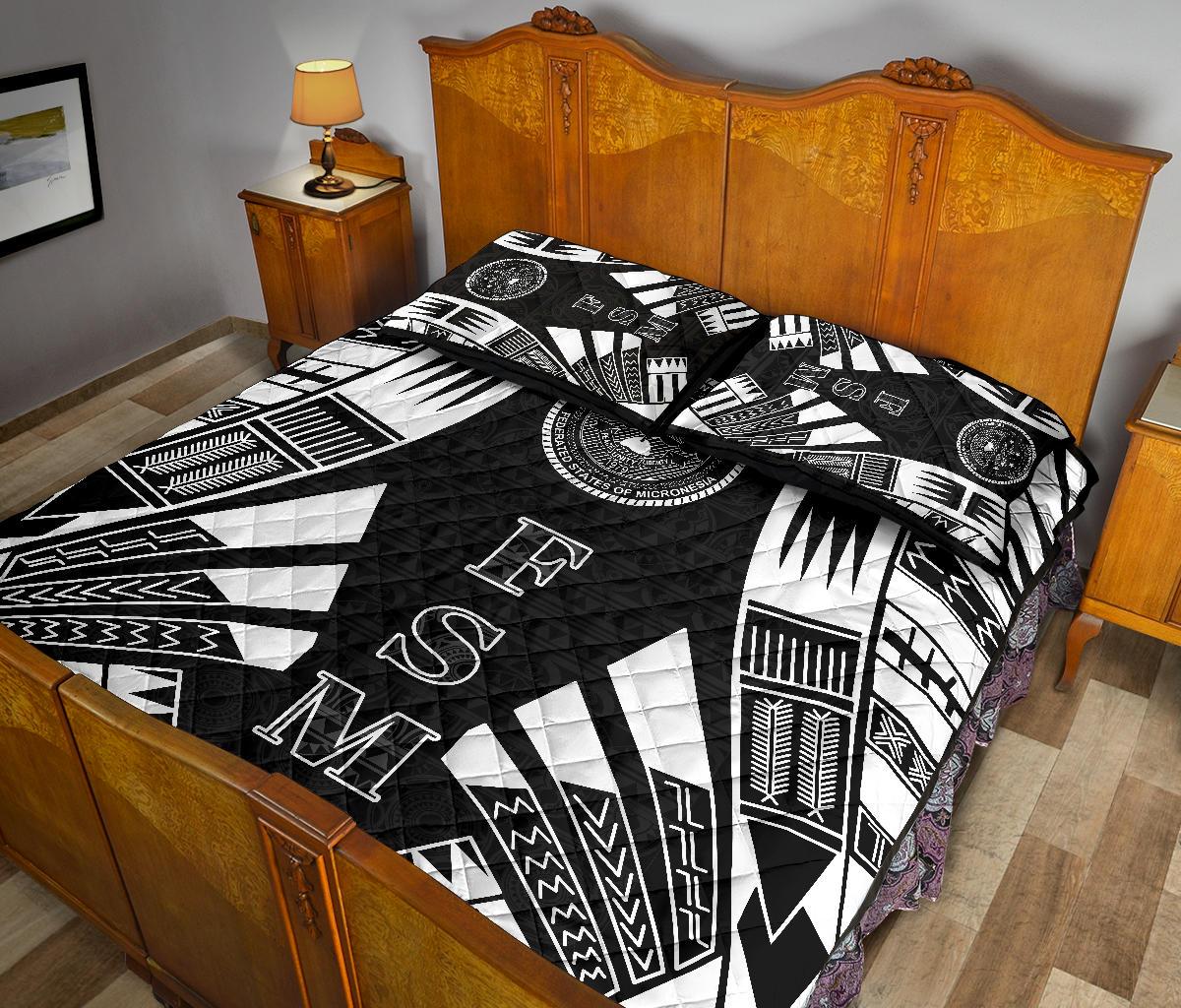 Federated States of Micronesia Quilt Bed Set - Federated States of Micronesia Seal Polynesian White Tattoo Style - Polynesian Pride