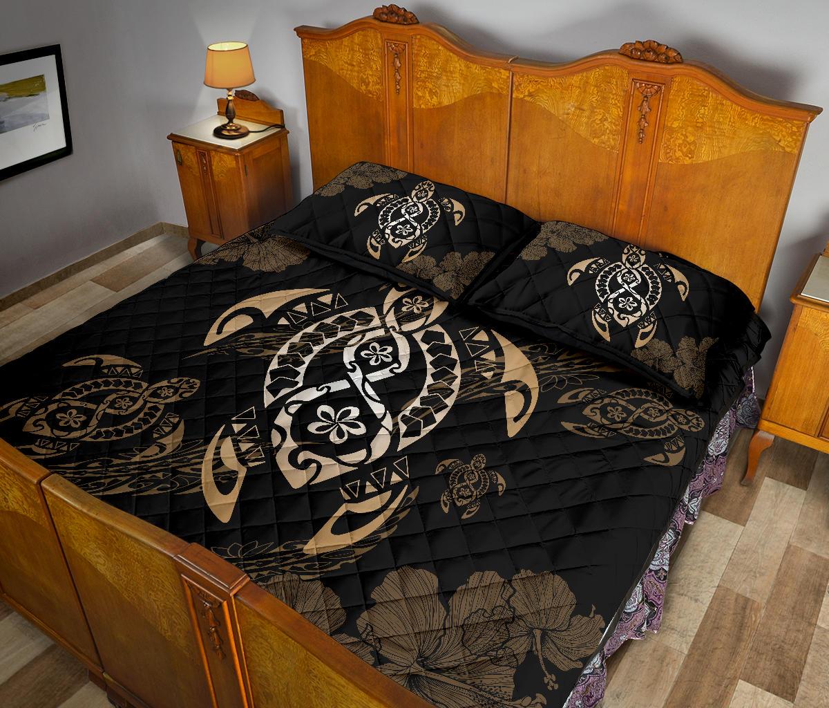 Hawaii Quilt Bed Set - Hawaii Polynesian Turtle Quilt Bed Set Flow Of Turtle Gold - Polynesian Pride