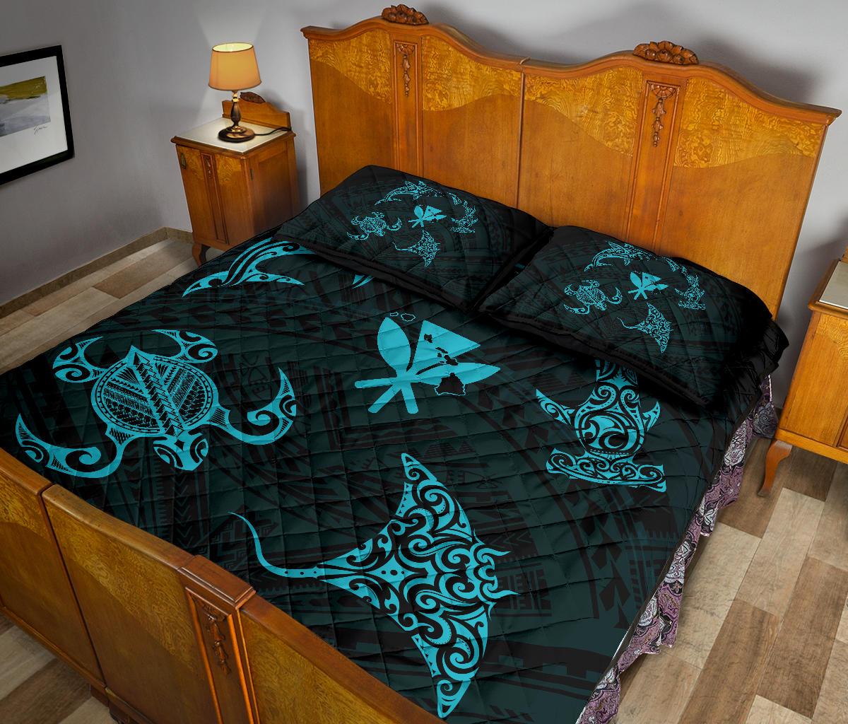 Hawaii Map Kanaka Polynesian Quilt Bed Set Circle Underwater Blue - Polynesian Pride