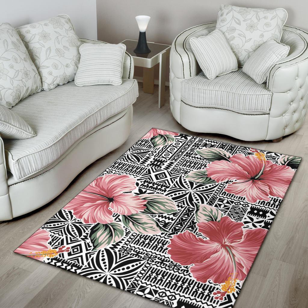 Polynesian Area Rug - Pink Hibiscus Flower With Hawaiian Tribal Motifs - Polynesian Pride
