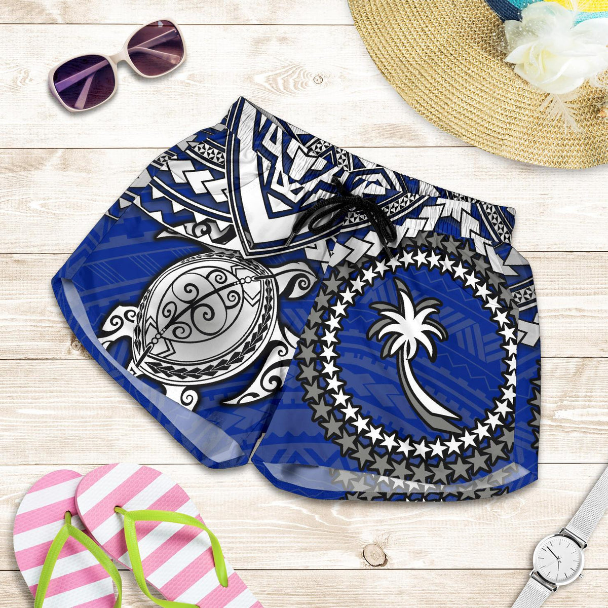 Chuuk Polynesian Short (Women) - White Turtle (Blue) - Polynesian Pride