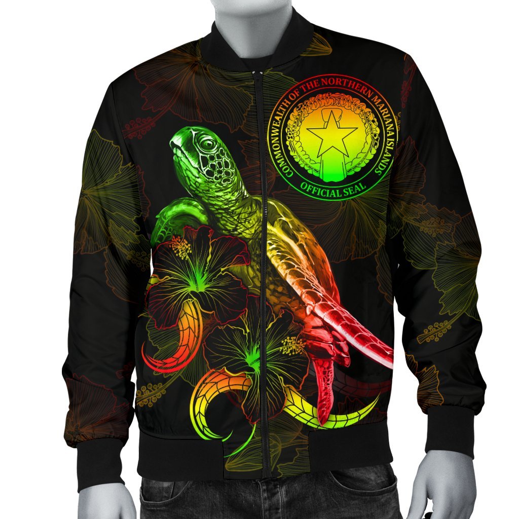 CNMI Polynesian Men's Bomber Jacket - Turtle With Blooming Hibiscus Reggae - Polynesian Pride
