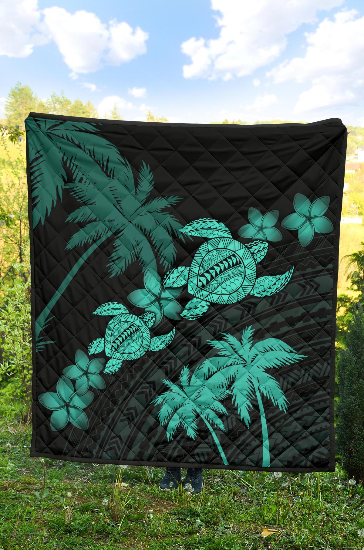 Hawaii Turtle Plumeria Coconut Tree Polynesian Premium Quilt - Turquoise - Polynesian Pride