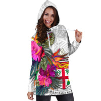 Fiji Polynesian Women's Hoodie Dress - Hibiscus White Pattern - Polynesian Pride