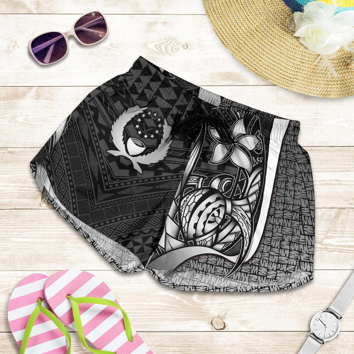 Pohnpei Micronesia Women's Shorts White - Turtle With Hook - Polynesian Pride