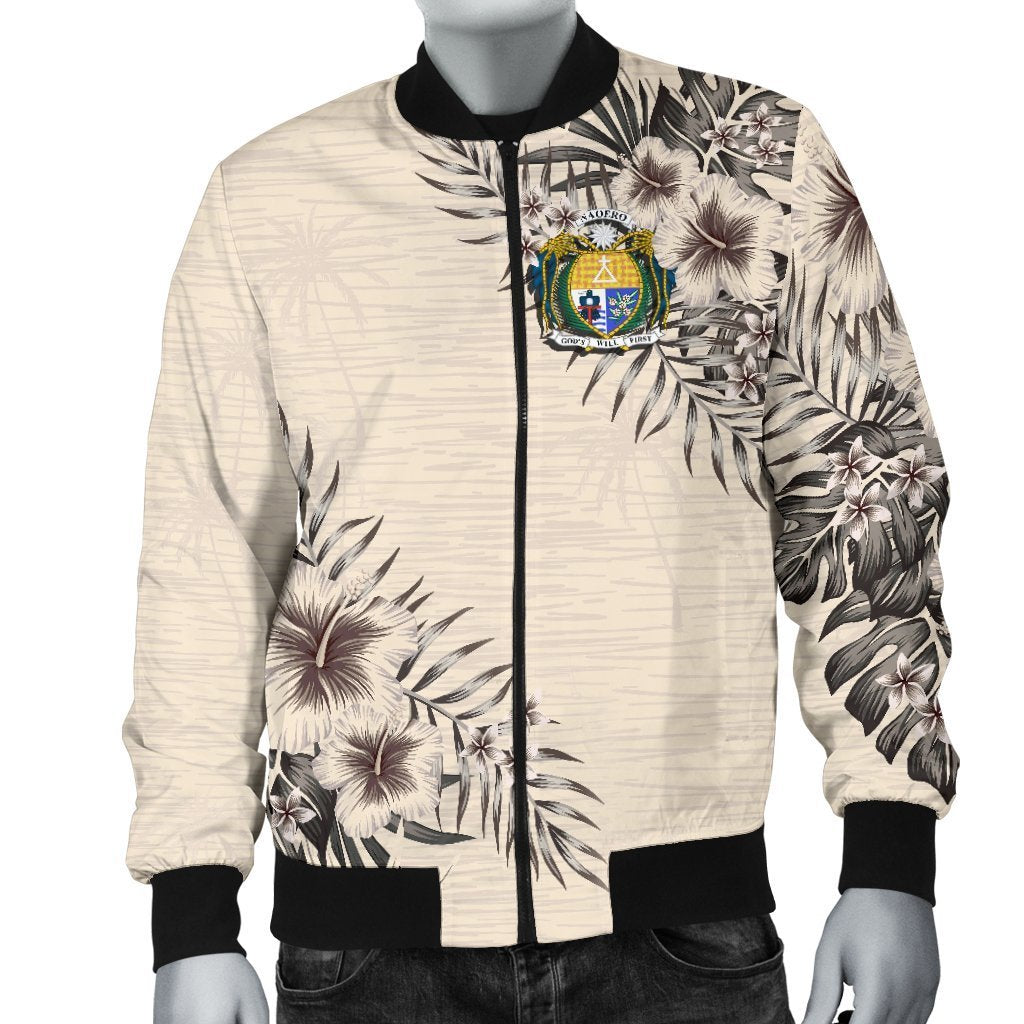 Nauru Men's Bomber Jacket - The Beige Hibiscus Black - Polynesian Pride